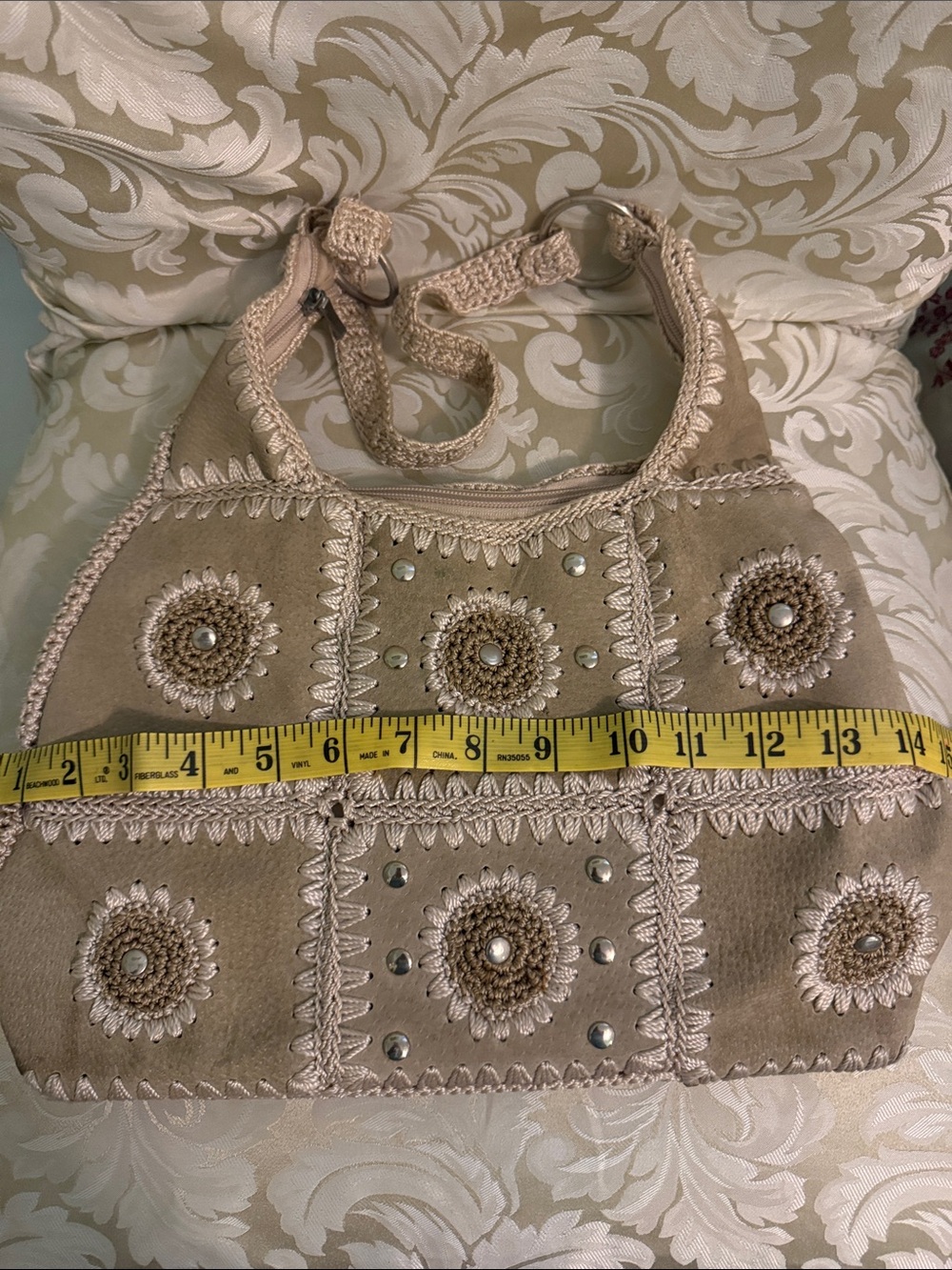 Beige Embroidered Shoulder Bag with Crochet Details